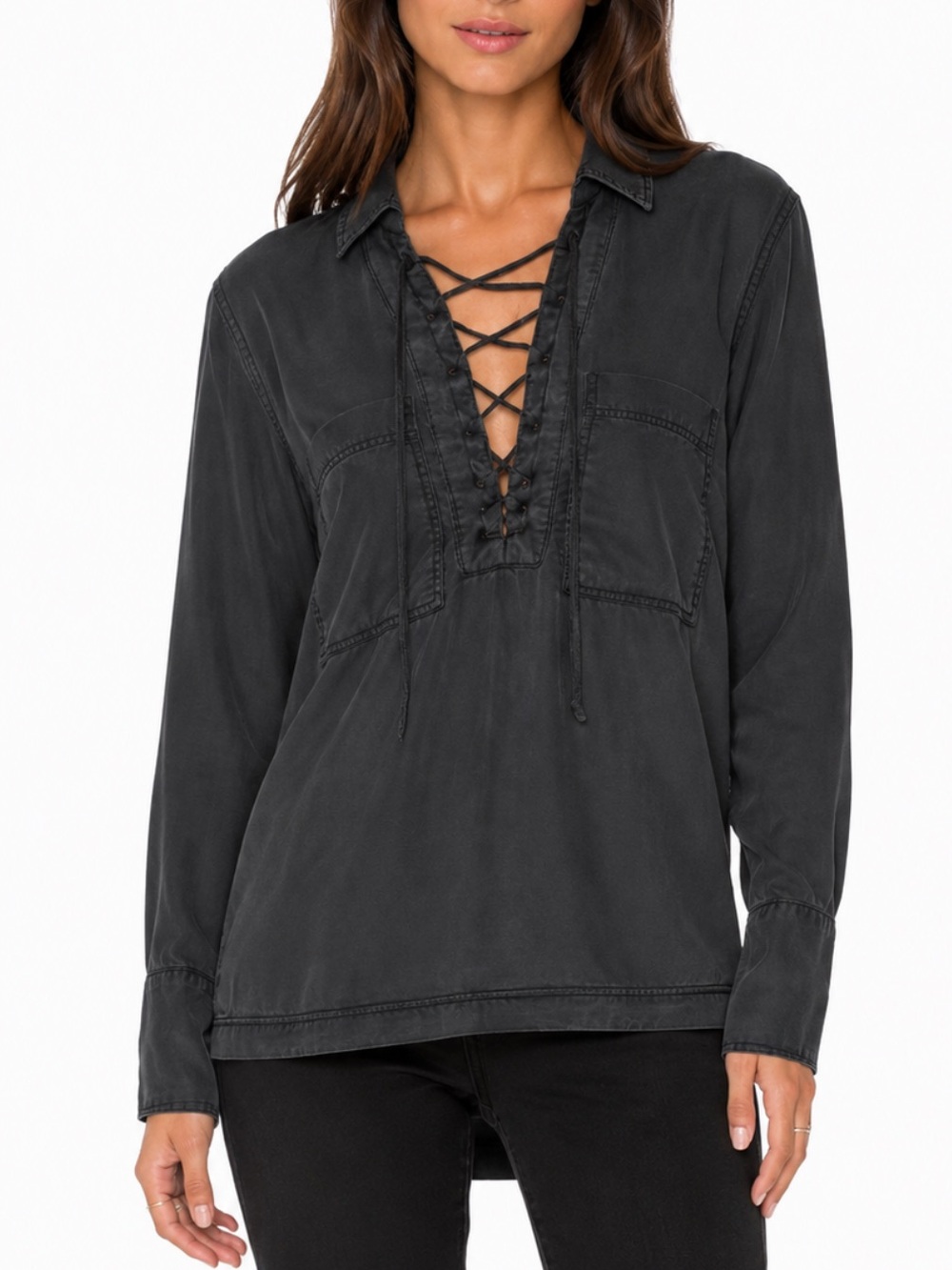 Free People Under Your Spell Lace-Up Tencel Tunic Blouse Charcoal S